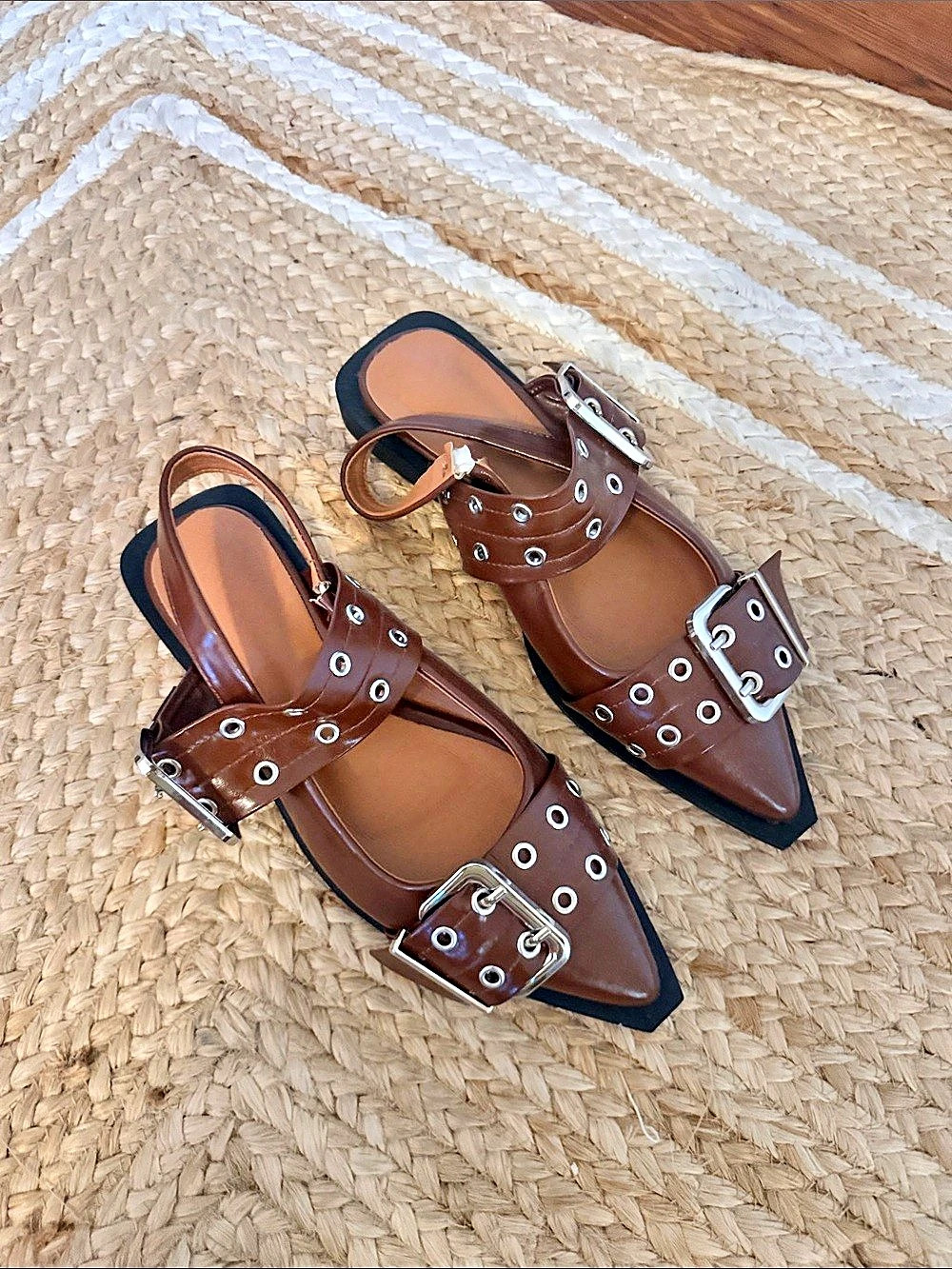 Dark Brown Patent Faux Leather Pointed Toe Slingback Flats